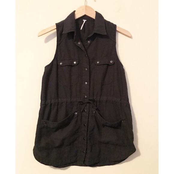 Free People Too Far black Sleeveless Utility Long Tunic Vest Top oversized XS - Picture 2 of 11